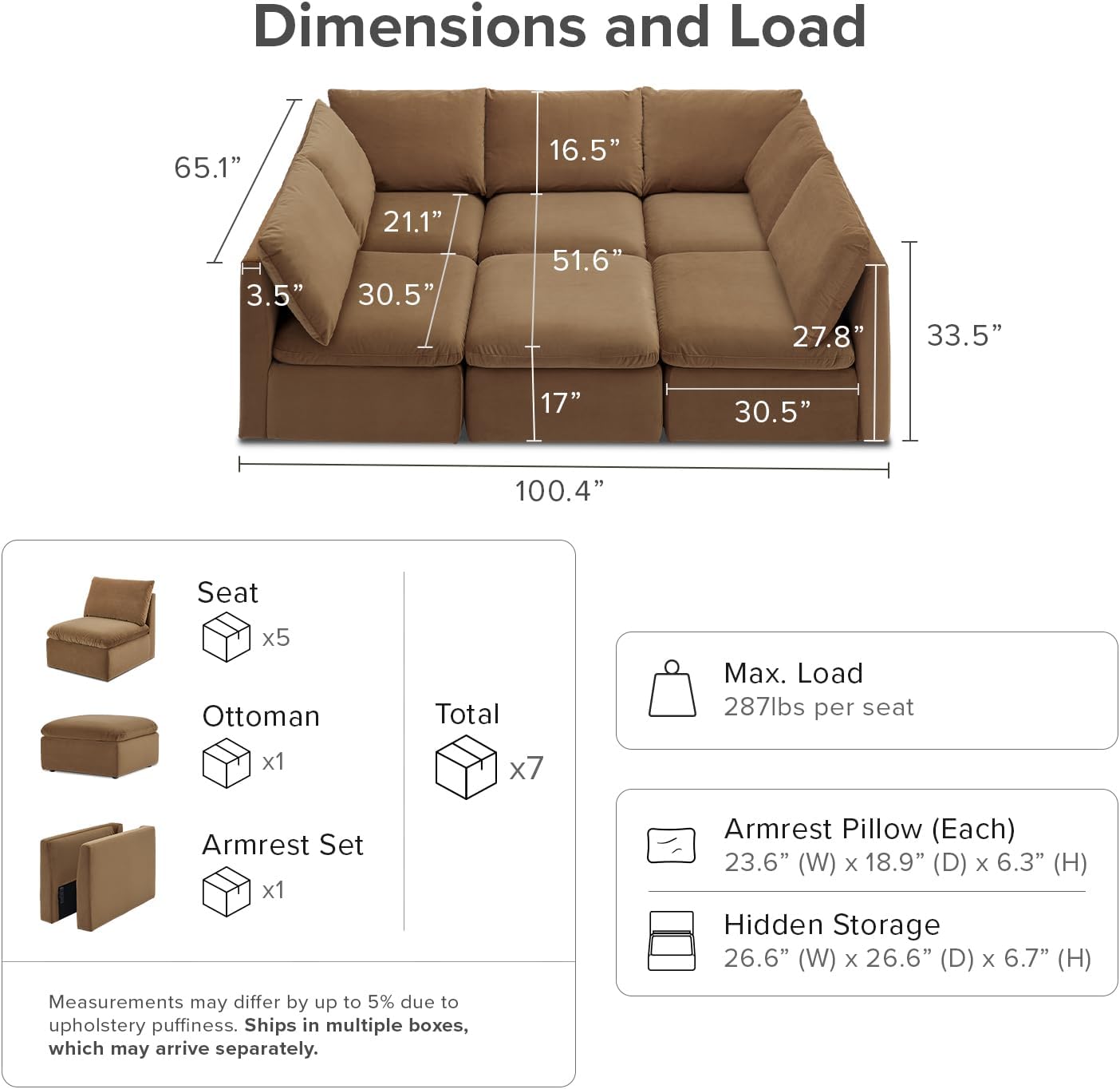mopio Oversized Modular Sectional Sofa with Fully Removable Covers and Storage, Convertible U