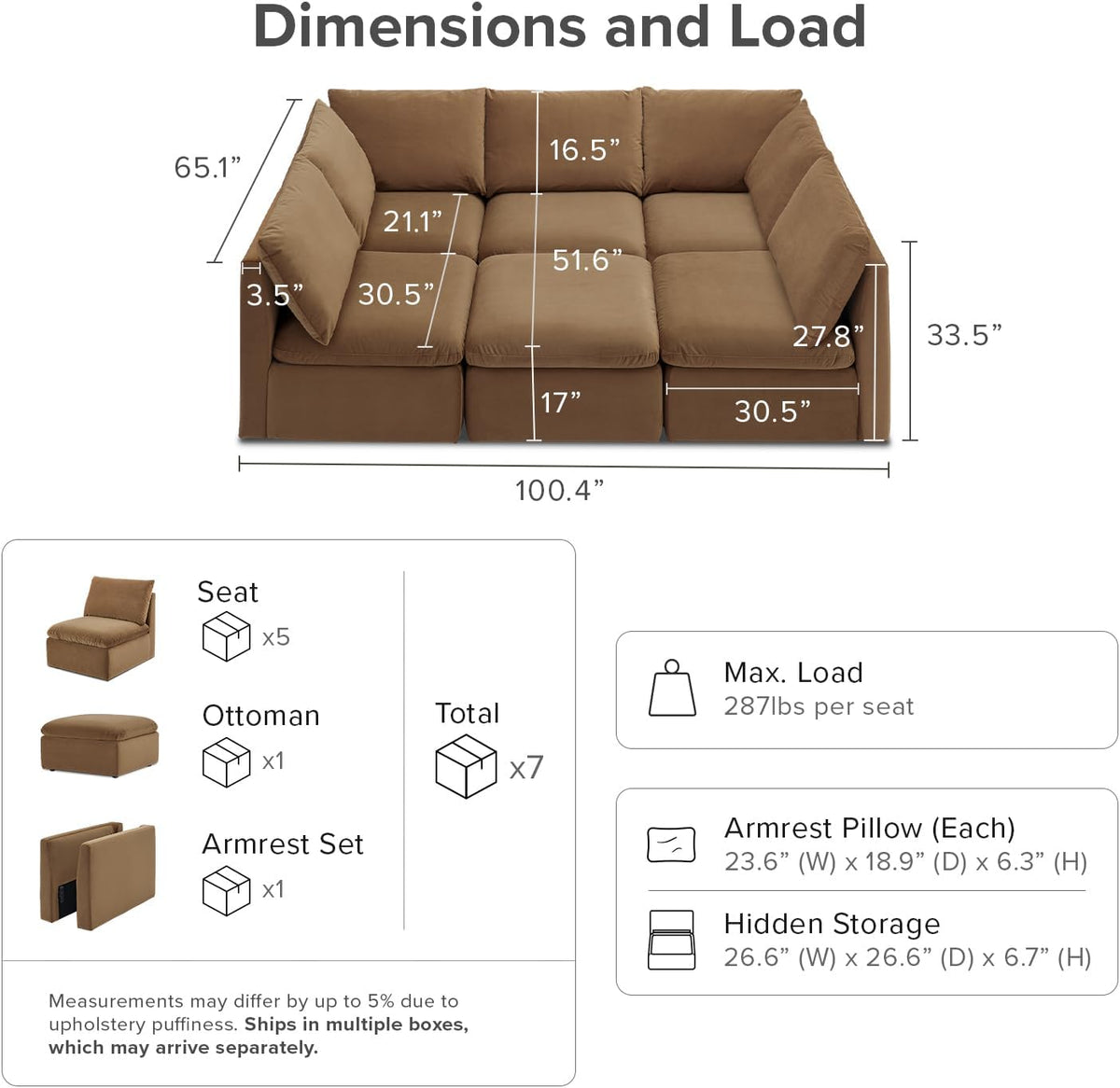 mopio Oversized Modular Sectional Sofa with Fully Removable Covers and Storage, Convertible U