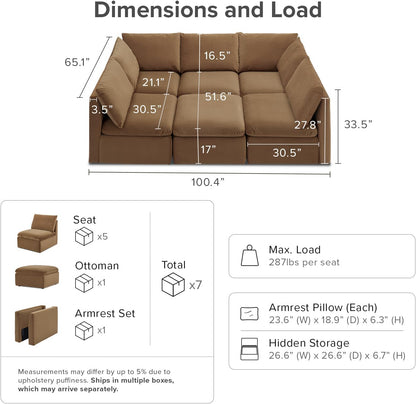 mopio Oversized Modular Sectional Sofa with Fully Removable Covers and Storage, Convertible U