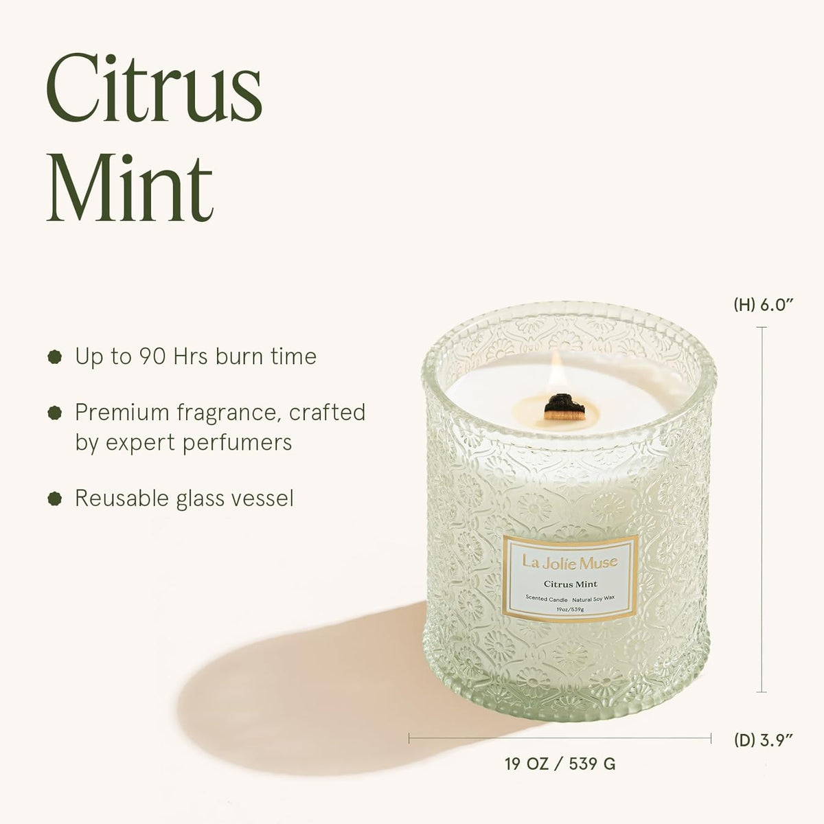 LA JOLIE MUSE Citrus Mint Candle - Bergamot, Yuzu, Mint | 19 oz Large Wooden Wick Candle | Natural