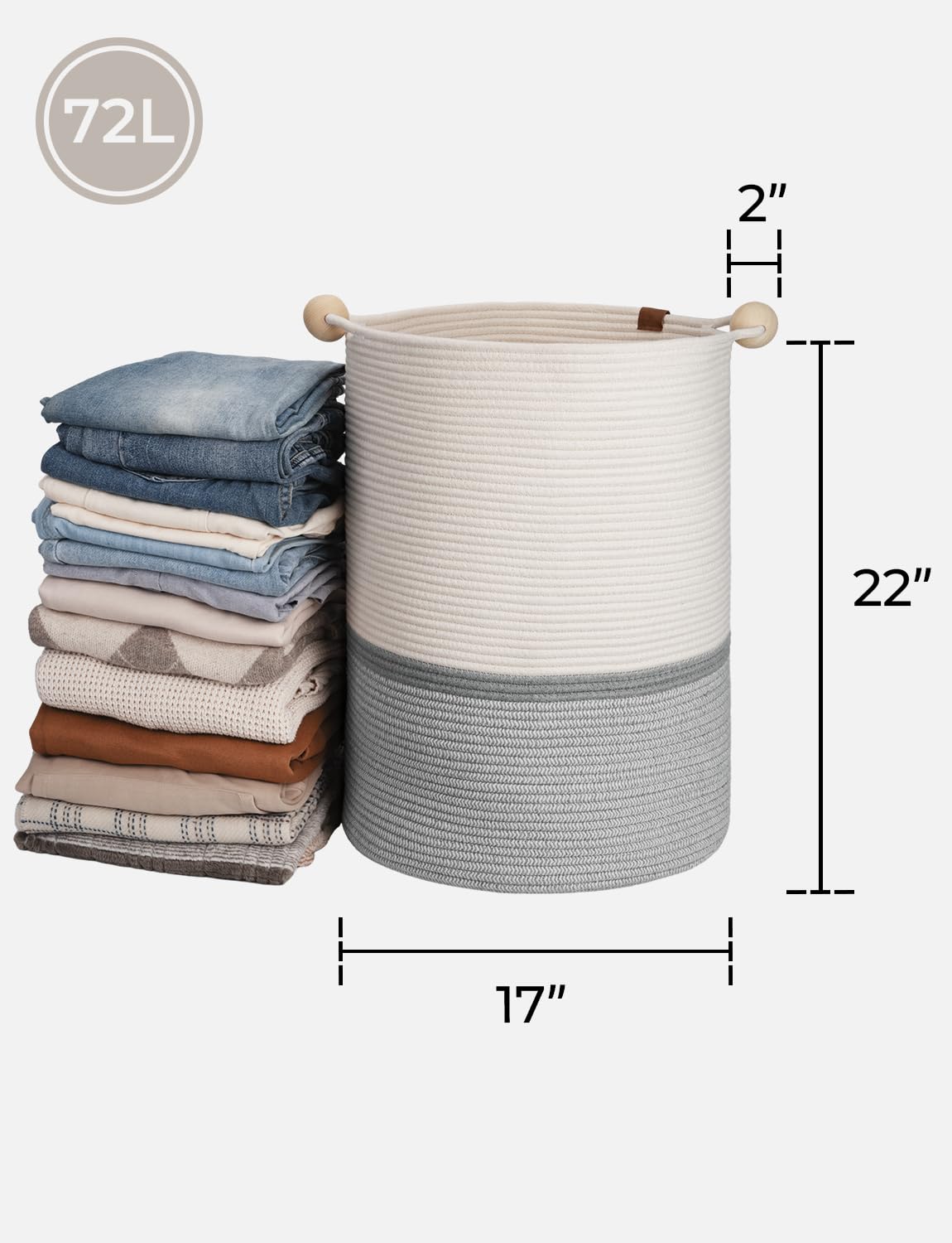 StorageWorks 72L Cotton Rope Laundry Basket with Wooden Beads Handles, Woven Basket for Storage