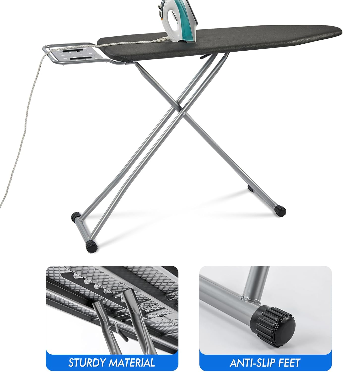 Ironing Board, Heat Resistant Cover Iron Board with Steam Rest, Non-Slip Foldable Ironing Stand.