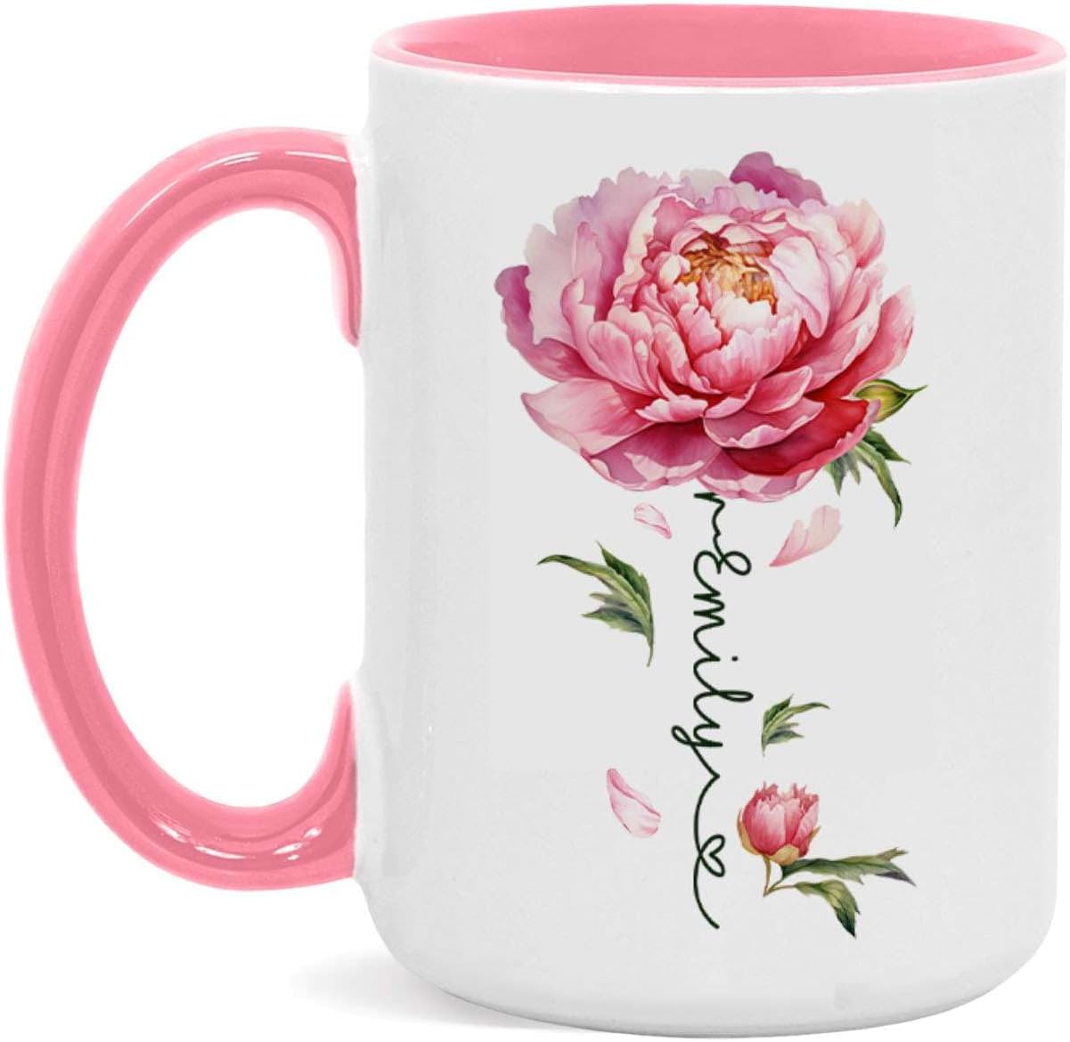 Flower Design Mug With Custom Name, Unique Peony Flower Ceramic Cup, Customized Flower Lover Coffee
