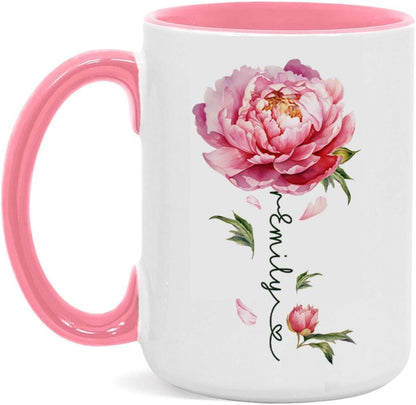 Flower Design Mug With Custom Name, Unique Peony Flower Ceramic Cup, Customized Flower Lover Coffee