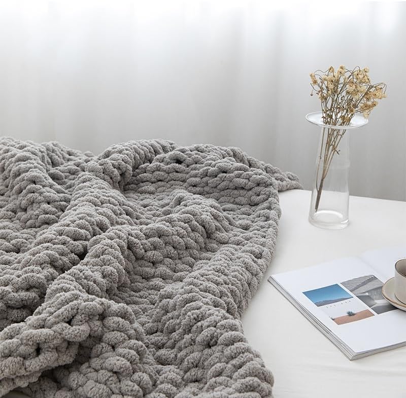 Chunky Knit Blanket Throw 40"×40", Hand Knitted Warm Chenille Throw Blanket, Home Decor Soft Thick