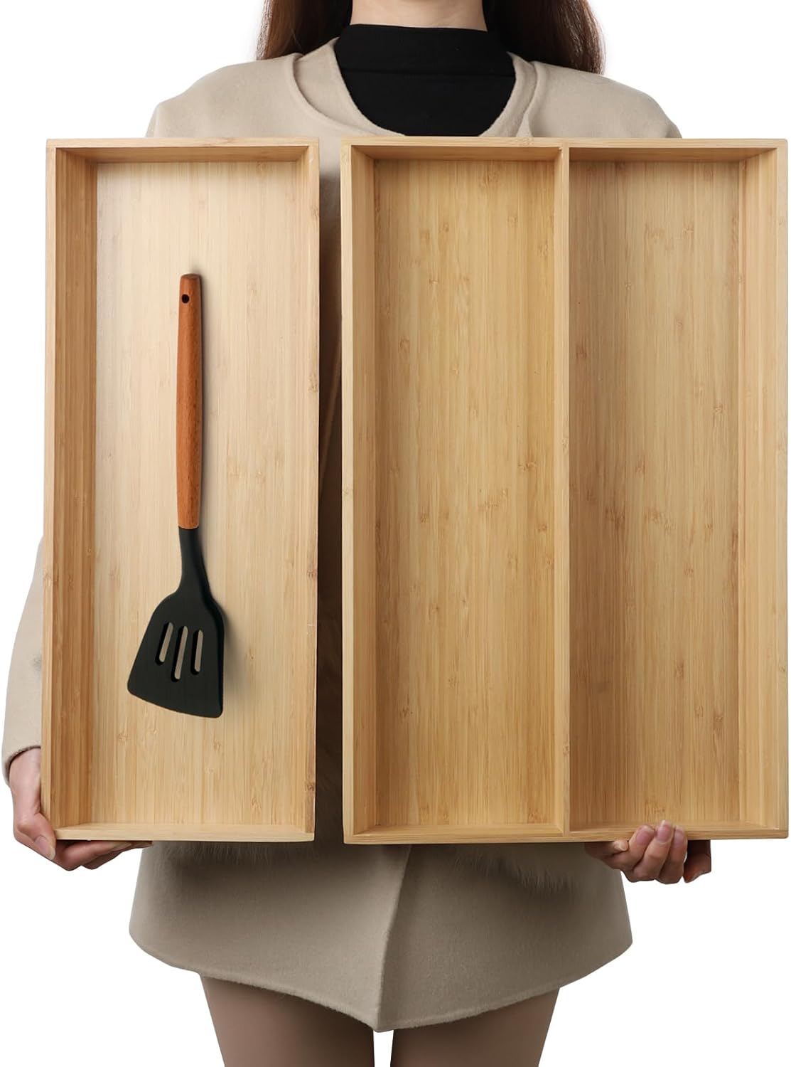 2-Piece V-Shaped Bamboo Drawer Organizer - Ideal for Kitchen's Large Long Tableware, Cooking