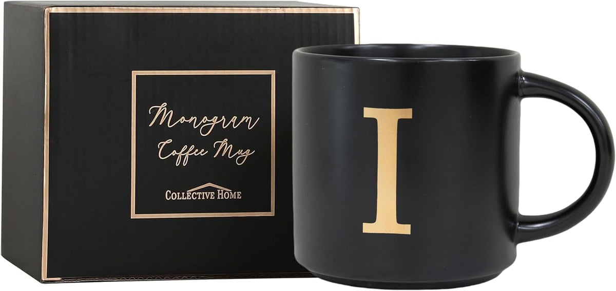 COLLECTIVE HOME - Monogram Ceramic Mugs, 15 oz Golden Initial Black Coffee Cups, Elegant Alphabet