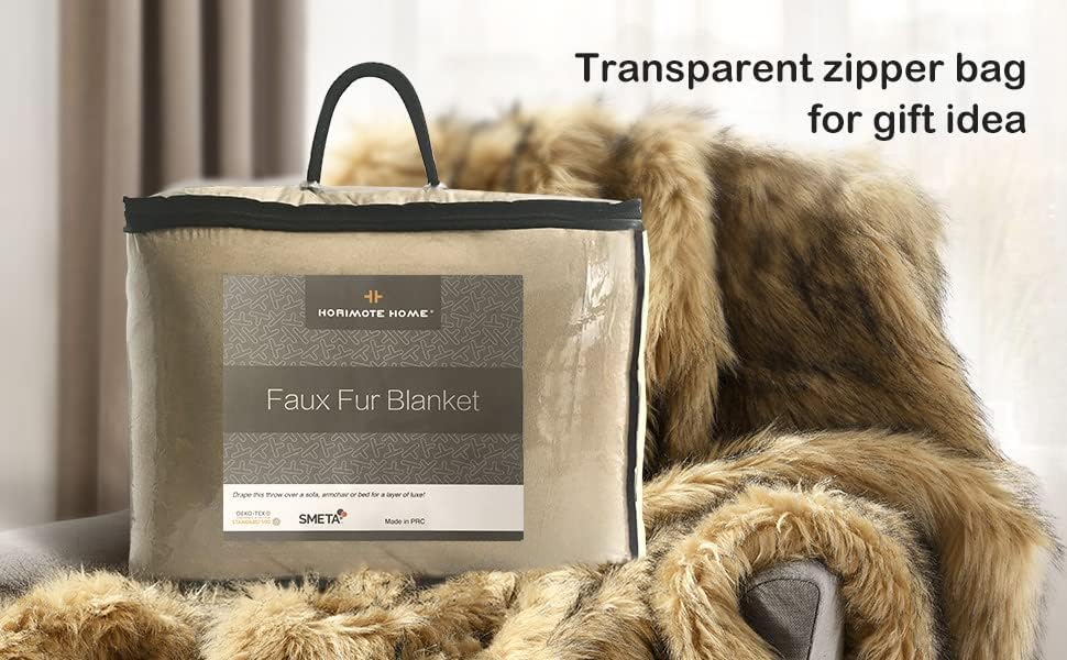Luxury Plush Faux Fur Throw Blanket, Long Pile Golden Yellow with Black Tipped Blanket, Super Warm