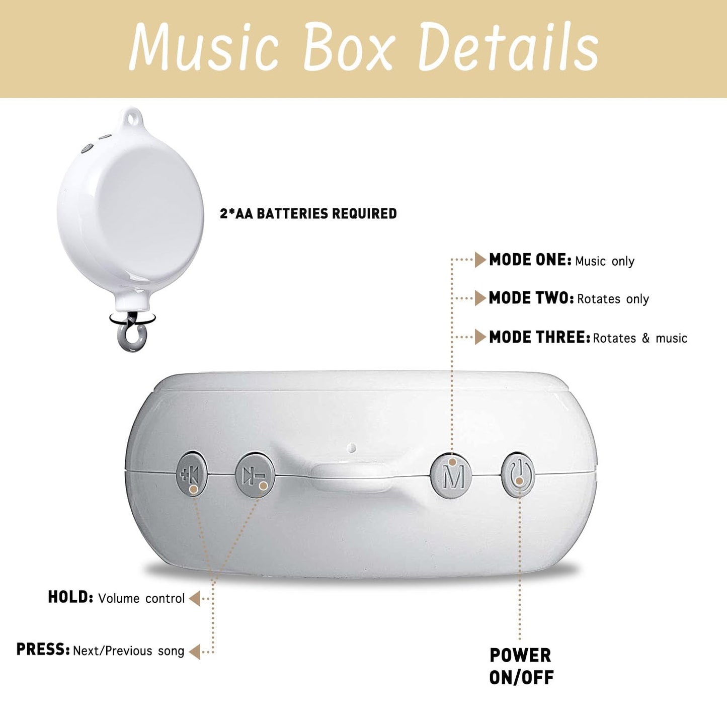 Crib Mobile Arm with Music Box,32.5 Inch White Crib Mobile Stand,Wooden Mobile Arm for Crib (2