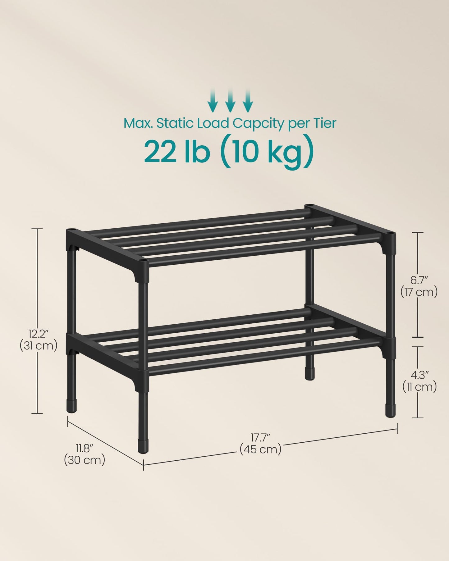 SONGMICS 2-Tier Shoe Rack, Stackable Compact Metal Shoe Storage Organizer