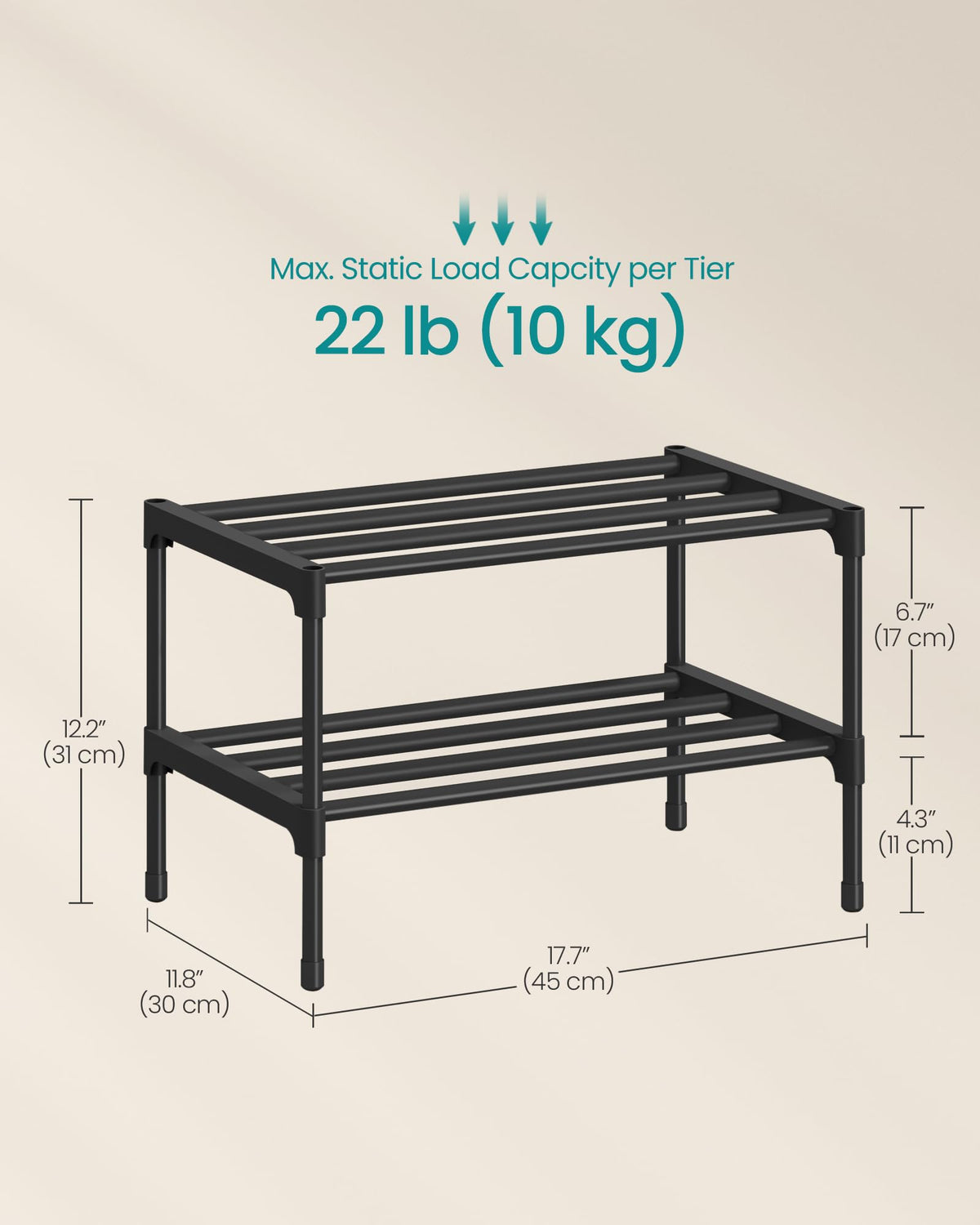 SONGMICS 2-Tier Shoe Rack, Stackable Compact Metal Shoe Storage Organizer