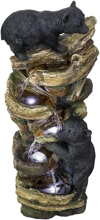 39.3 Inch 5 Tier Outdoor Garden Water Fountain Bears Climbing Tree Resin Fountain with LED Lights