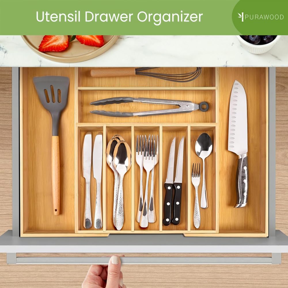 Purawood Bamboo Drawer Organizer - Expandable Silverware Organizer & Utensil Drawer Organizer