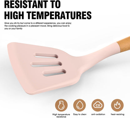 Silicone Cooking Utensils Set - Silicone Kitchen Utensils for Cooking Wooden Handles, 446°F Heat