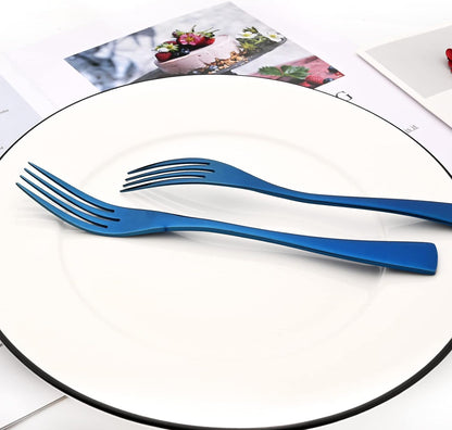 24-Piece Blue Flatware, Mirror 18/10 Stainless Steel Modern & Luxury Dinnerware Set With Serrated