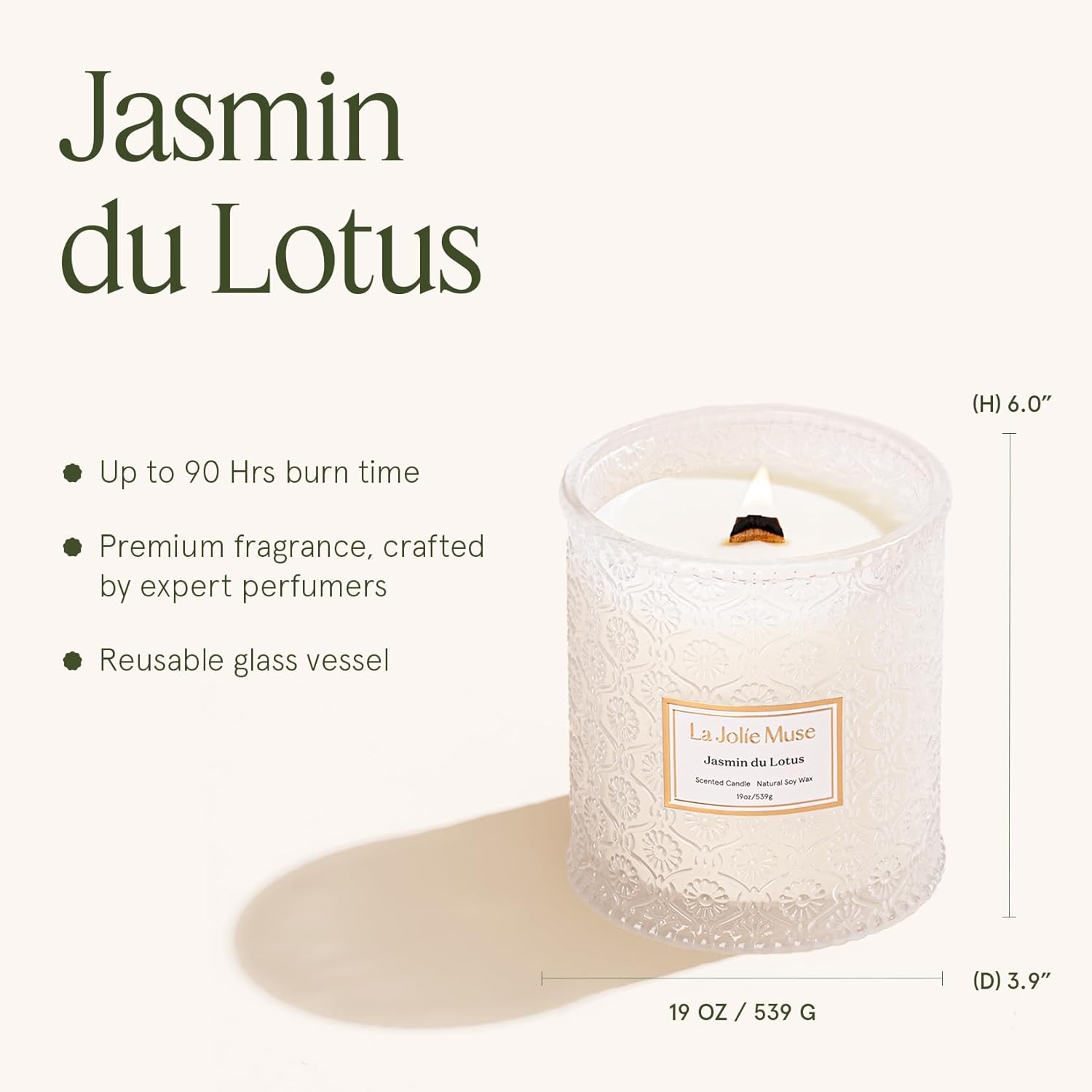 LA JOLIE MUSE Jasmin du Lotus Candle - Ivy, Jasmine, Cedarwood | 19 oz Large Wooden Wick Candle |