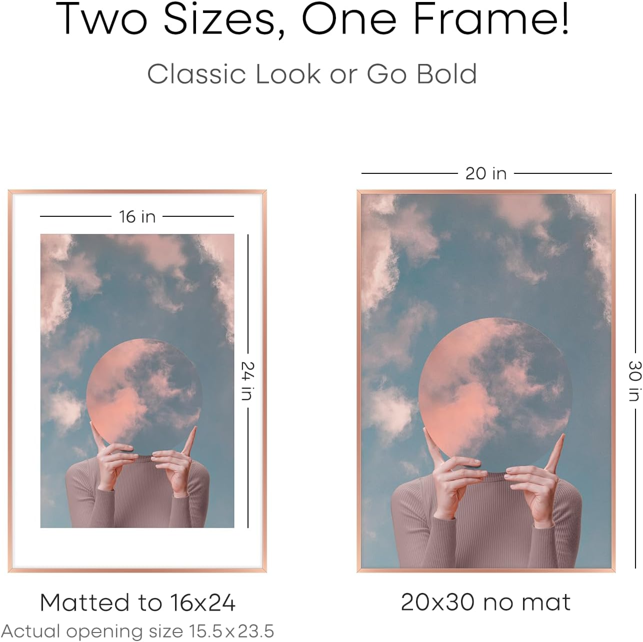 Homeforia 20x30 Frame Rose Gold, High End Metal 20x30 Picture Frames with Mat 16x24 inch Photo, 20
