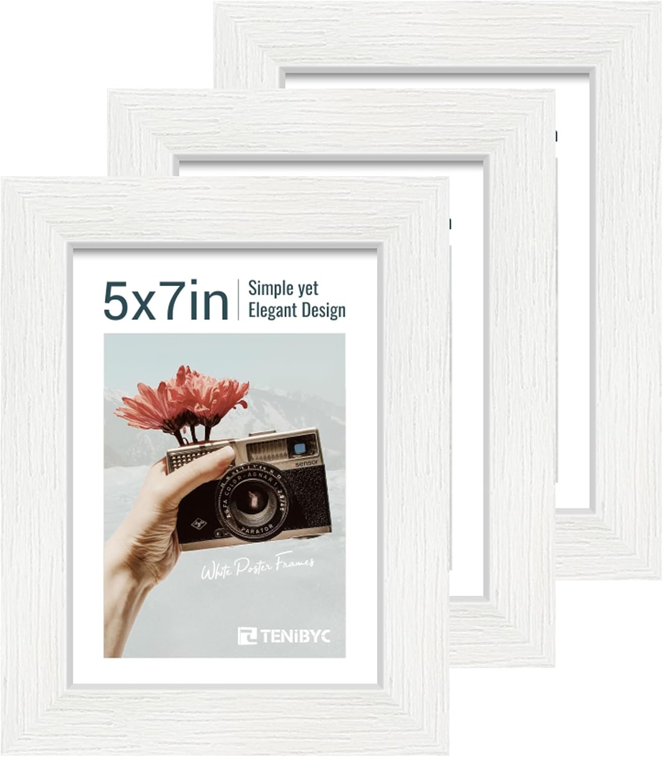 5x7 Picture Frame 3 Pack - White Woodgrain, Solid Wood & HD Tempered Glass, Table Display or Wall