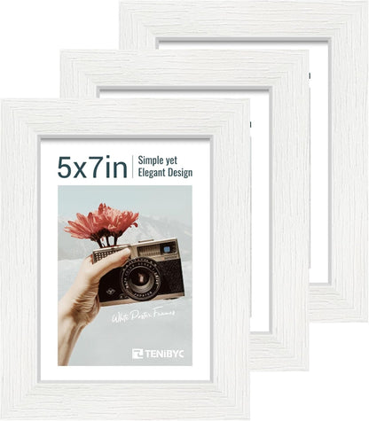 5x7 Picture Frame 3 Pack - White Woodgrain, Solid Wood & HD Tempered Glass, Table Display or Wall