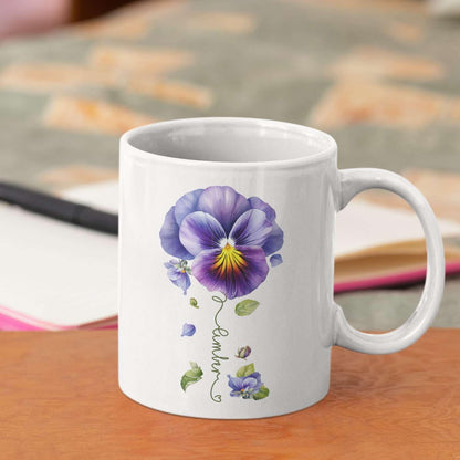 Pansy Design Ceramic Cup, Personalized Name Flower Themed Mug, Custom Coffee Cup For Pansy Flower