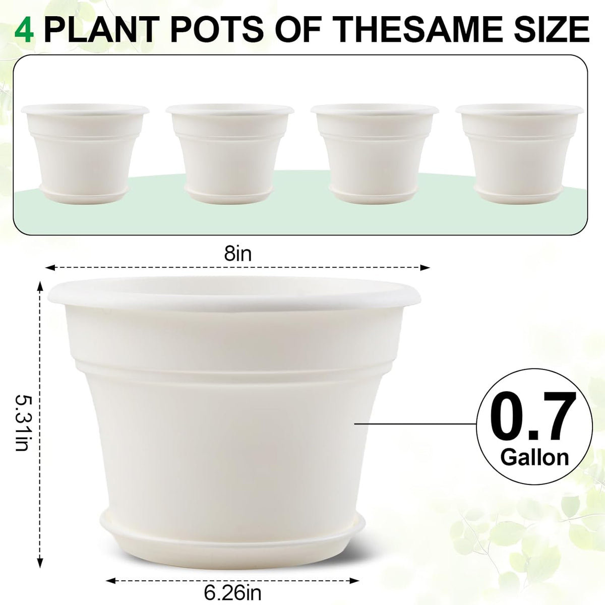 8 Inch Plastic-Flower Pot-for-Indoor Plants, 4 Pack Large Outdoor Planter Pot with Drainage Holes &