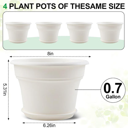 8 Inch Plastic-Flower Pot-for-Indoor Plants, 4 Pack Large Outdoor Planter Pot with Drainage Holes &