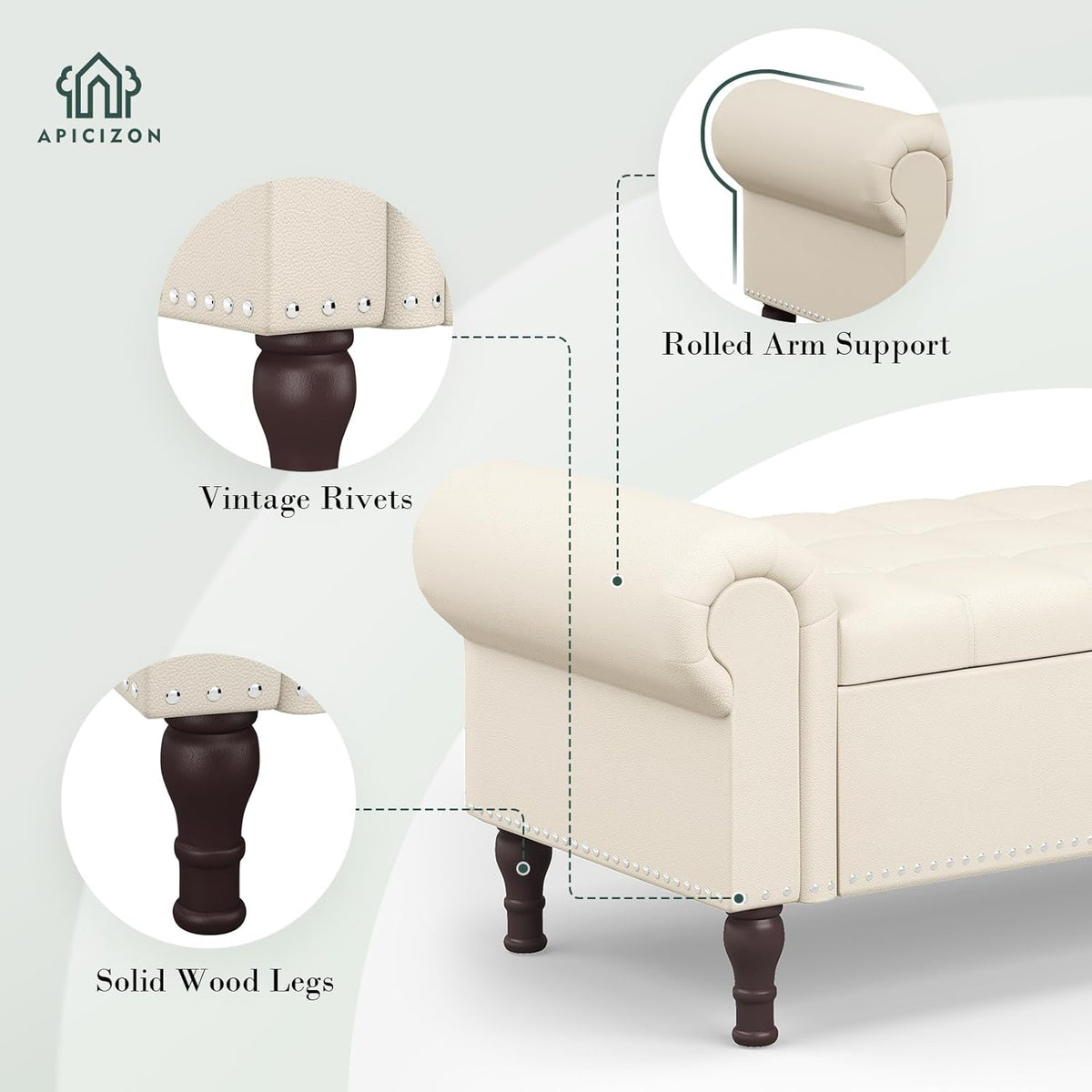 Apicizon 60”Storage Ottoman Bench, Soft Faux Leather Indoor Bench with Rolled Arm and Vintage