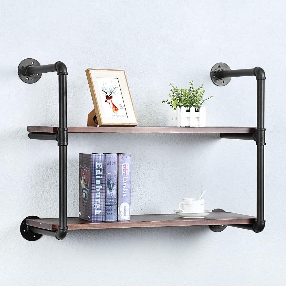 Industrial Pipe Shelving Wall Mounted,30in Rustic Metal Floating Shelves,Steampunk Real Wood Book