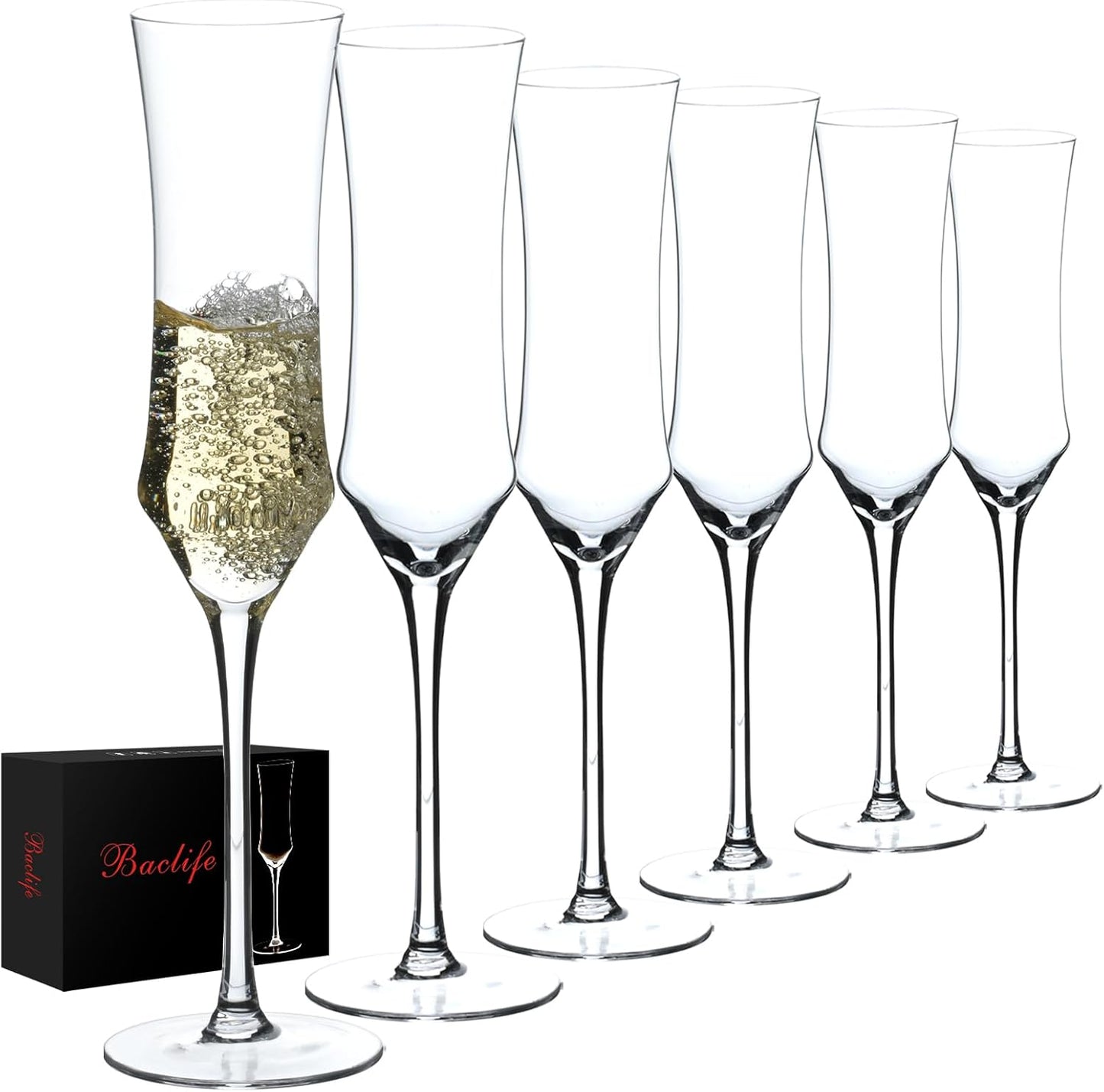 Champagne Flutes Set of 6 - Hand Blown Crystal Champagne Glasses With Long Stem - 7 oz Elegant