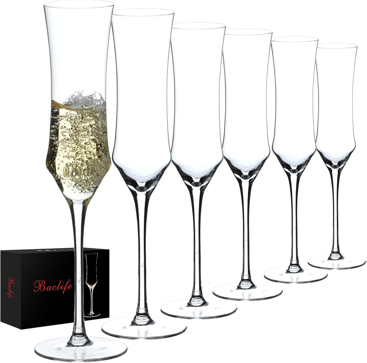 Champagne Flutes Set of 6 - Hand Blown Crystal Champagne Glasses With Long Stem - 7 oz Elegant