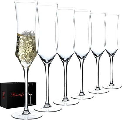 Champagne Flutes Set of 6 - Hand Blown Crystal Champagne Glasses With Long Stem - 7 oz Elegant
