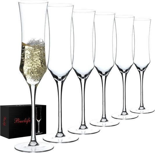 Champagne Flutes Set of 6 - Hand Blown Crystal Champagne Glasses With Long Stem - 7 oz Elegant