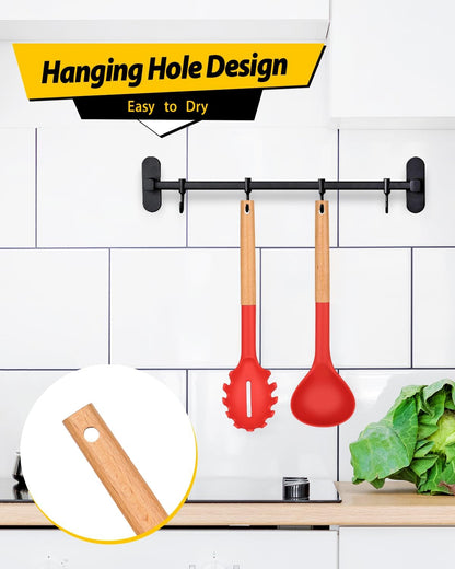 Silicone Pasta Fork and Ladle Spoon Set with Wooden Handle, Heat Resistant Non Stick Kitchen