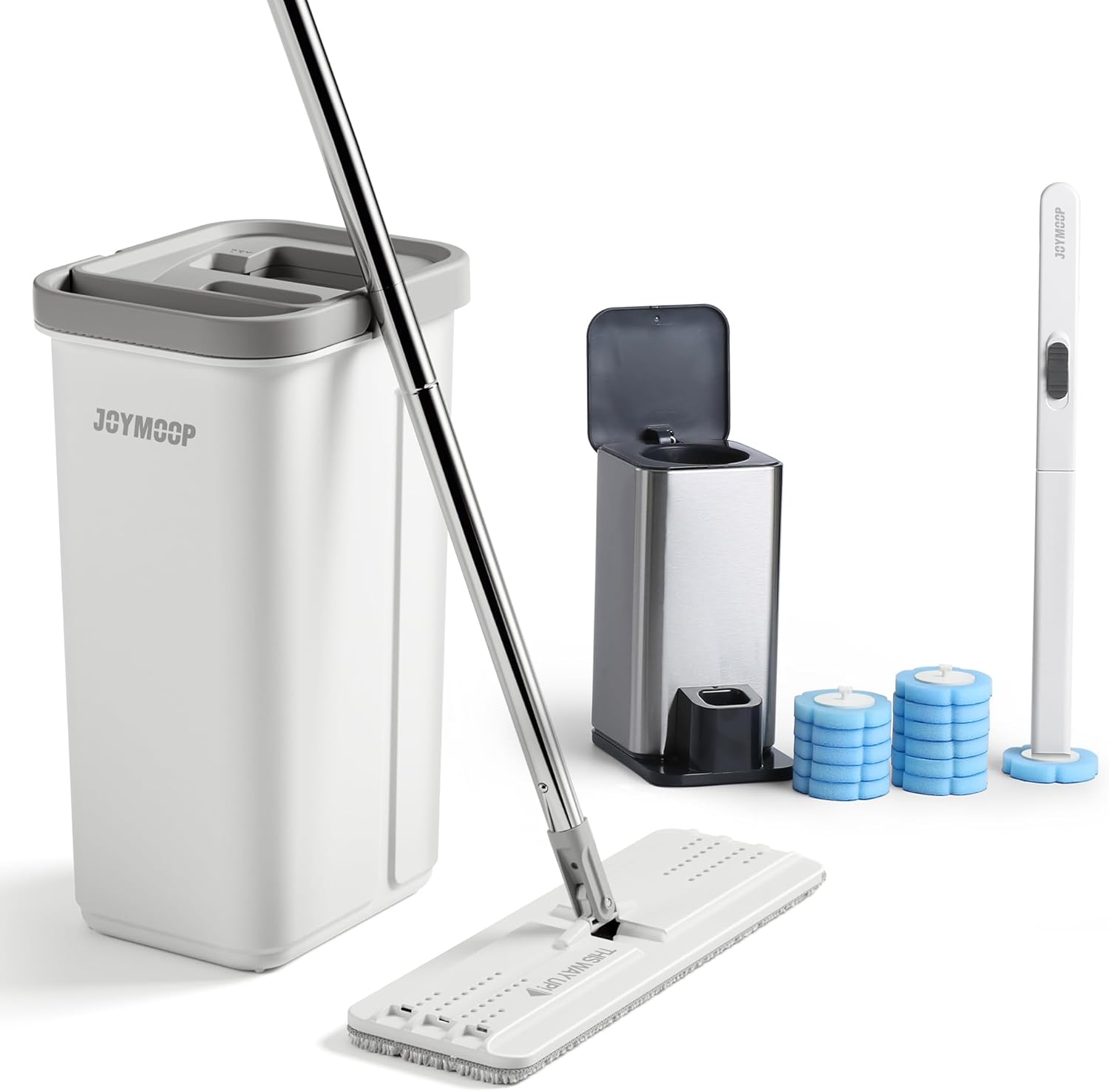 JOYMOOP White Flat Mop & Bucket with 1 Microfiber Pad, 12 Disposable Toilet Brushes, Stainless