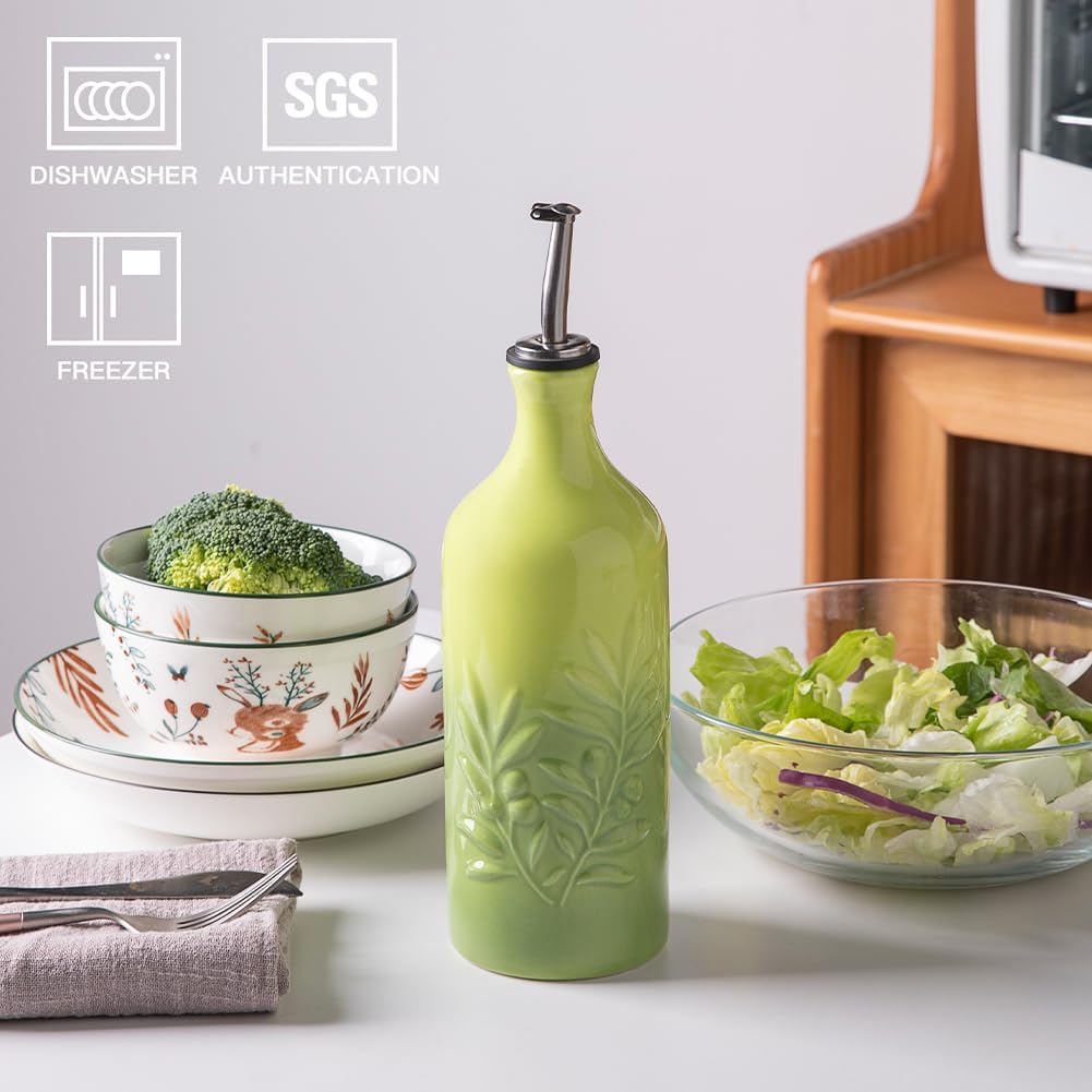 Sweejar Ceramic Olive Oil Dispenser Bottle, 20 Oz Relief Opaque Oil Cruet Protects Oil To Reduce