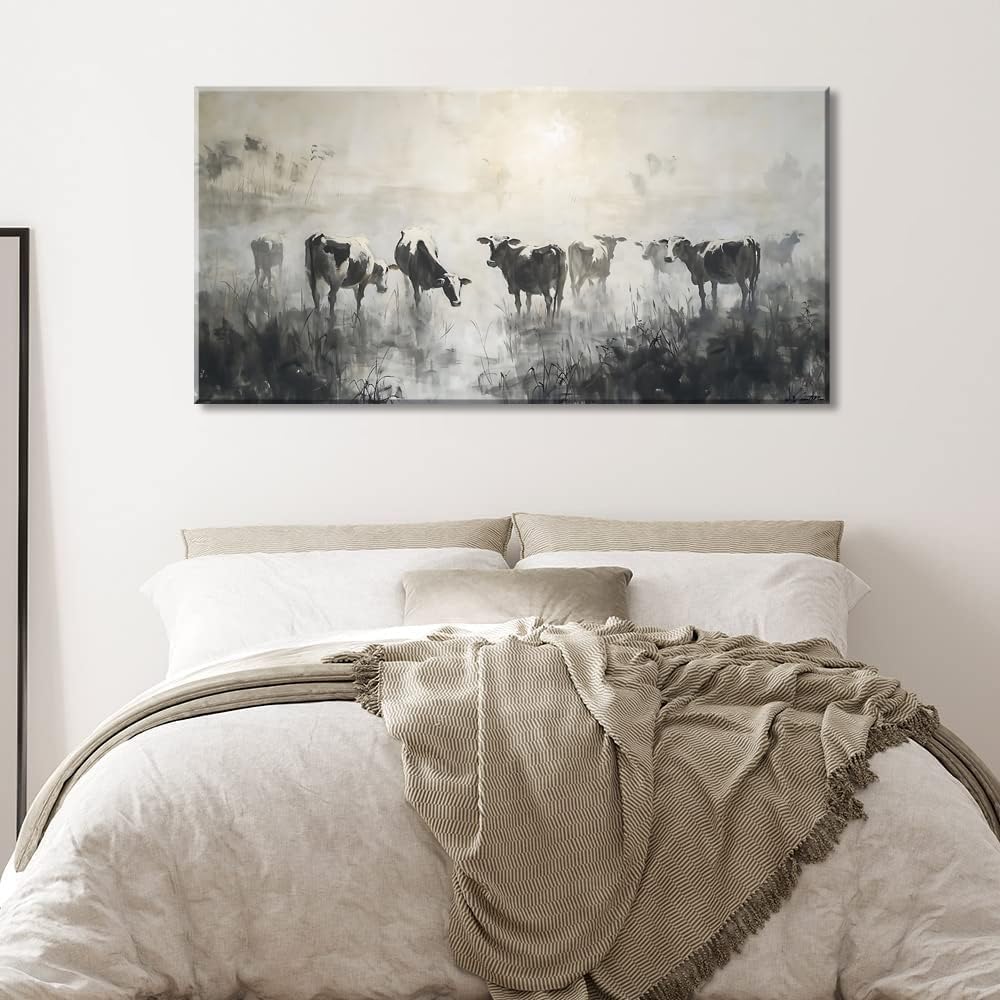 LASMOND Black and White Cow Wall Art for Living Room Ink Wash Canvas Painting Prints Morning Cattle