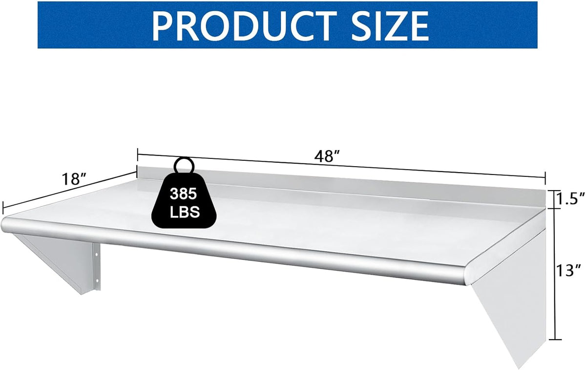 HARDURA Stainless Steel Shelf 18" x 48", 385lb Commercial Shelves Wall Mount Metal Shelving with