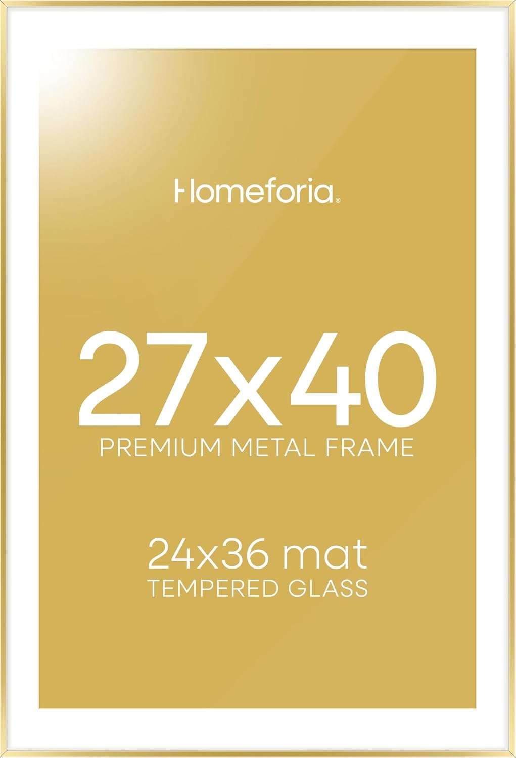 Homeforia 27x40 Picture Frame Gold, High End Metal 27 x 40 Large Poster Frames with Mat 24 by 36