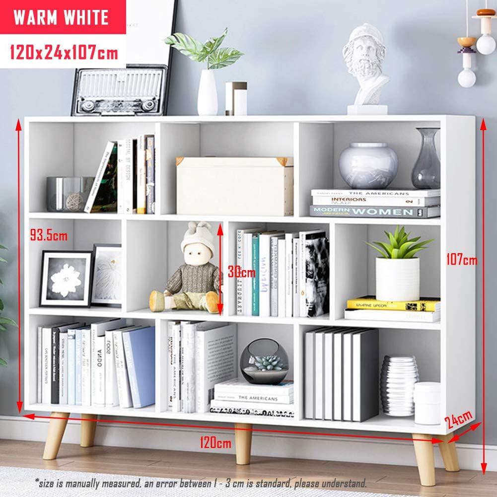 IOTXY Wooden Open Shelf Bookcase - 3-Tier Floor Standing Display Cabinet Rack with Legs, 10 Cubes