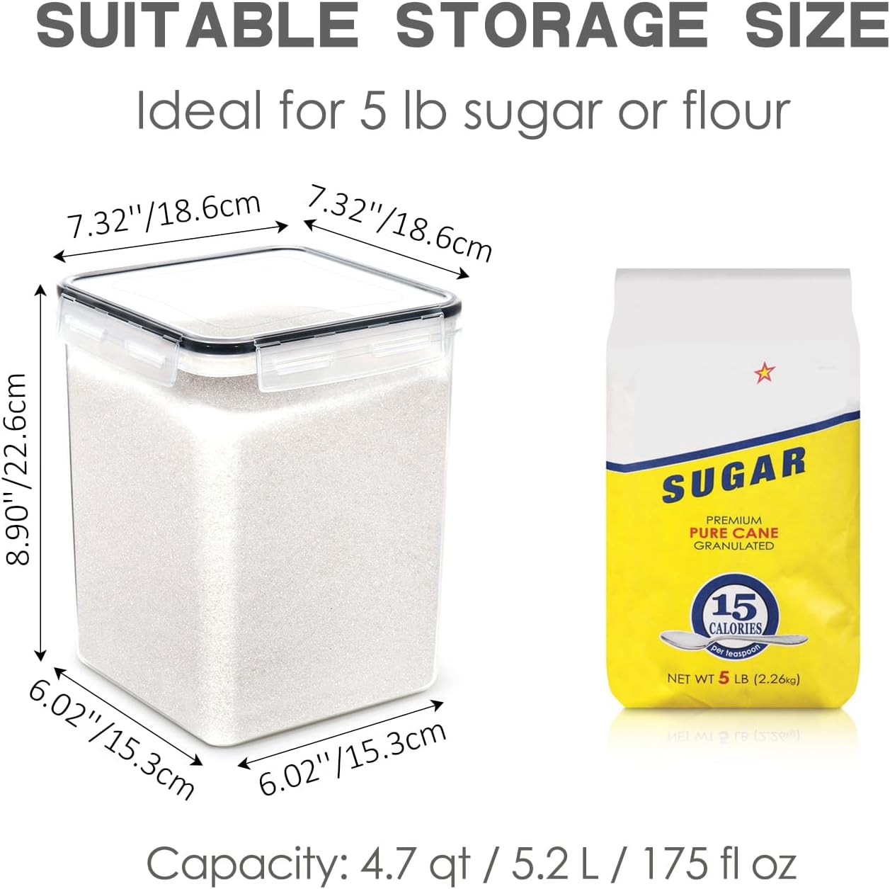 Large Food Storage Containers with Lids Airtight 5.2L /176Oz, for Flour, Sugar, Baking Supply, 3PCS