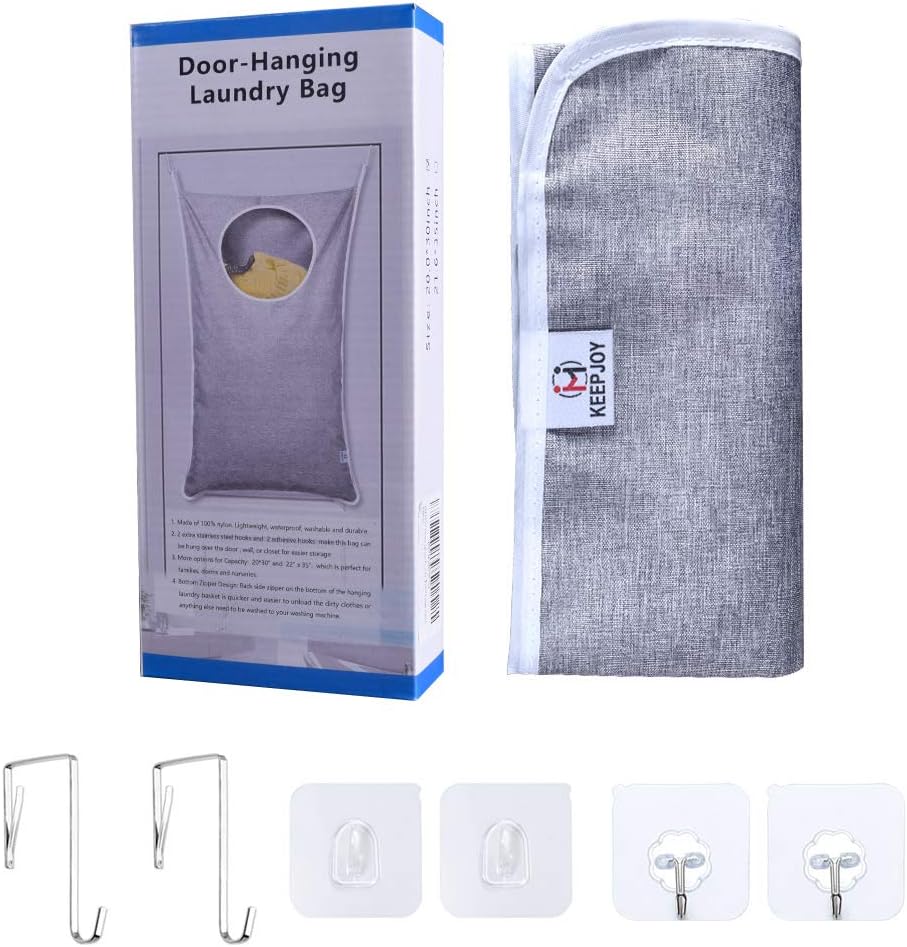 KEEPJOY Hanging Laundry Hamper Bag with Free Adjustable Stainless Steel Door 2 PCs Suction Cup