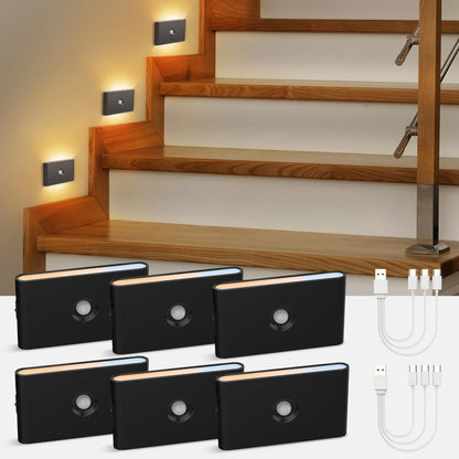 wowatt 6 Packs Rechargeable Motion Sensor Stair Light Black (Magnetic Mounting Design)(Sensor Modes