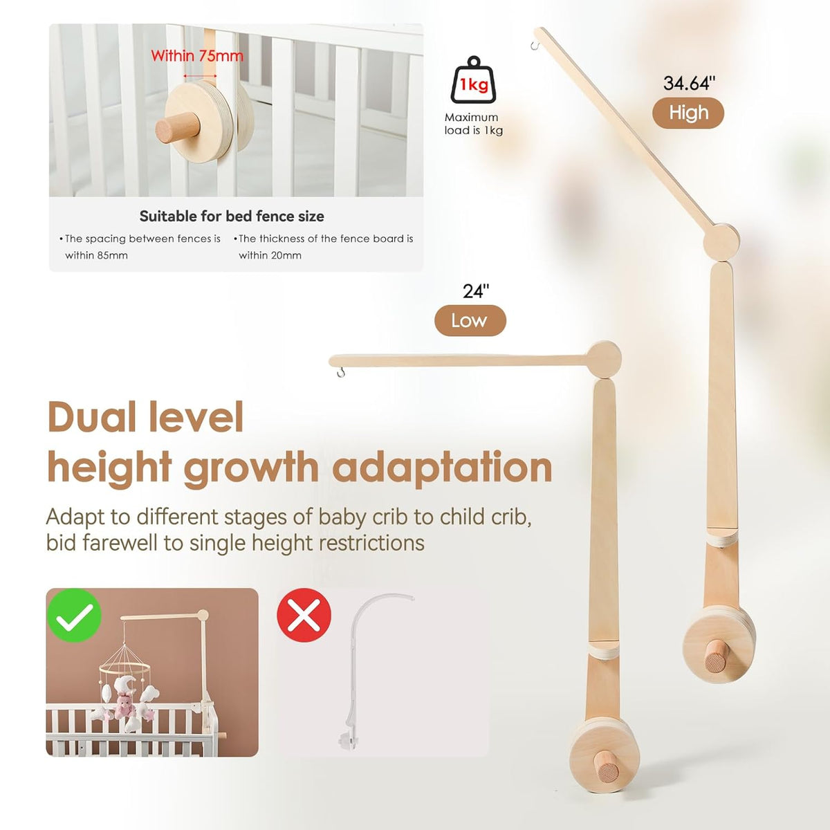 HI BABY MONMENT Crib Mobile Arm - Baby Mobile Hanger with 2-Height Settings Adjustable, Stabilizing