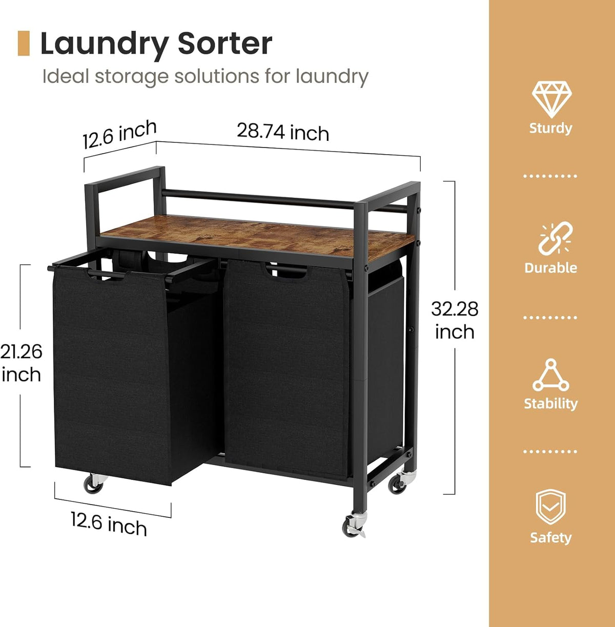 Laundry Hamper, Laundry Basket, Laundry Sorter with 2 Removable Bags, Clothes Basket with 2