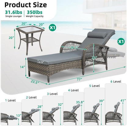 VIVIJASON Outdoor Wicker Chaise Lounge Chair, All-Weather PE Rattan Cushioned Patio Lounger Set