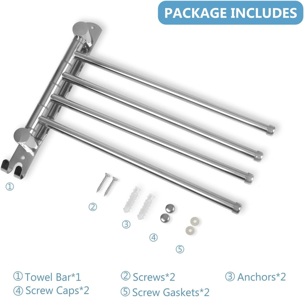 Bathroom Towel Rack JSVER Swivel 4 Arms Extended Towel Holder, SUS304 Stainless Steel Space Saving