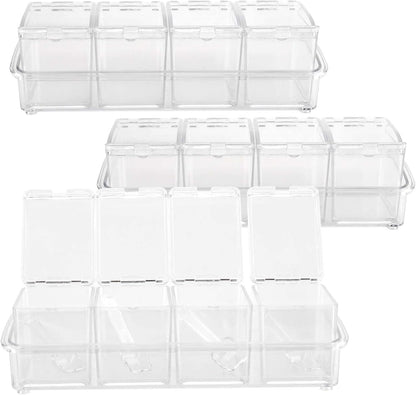 JAPCHET 3 Pack 4 Cell Clear Seasoning Box with Spoons, 10.2 × 3.54 × 3 inch Seasoning Storage