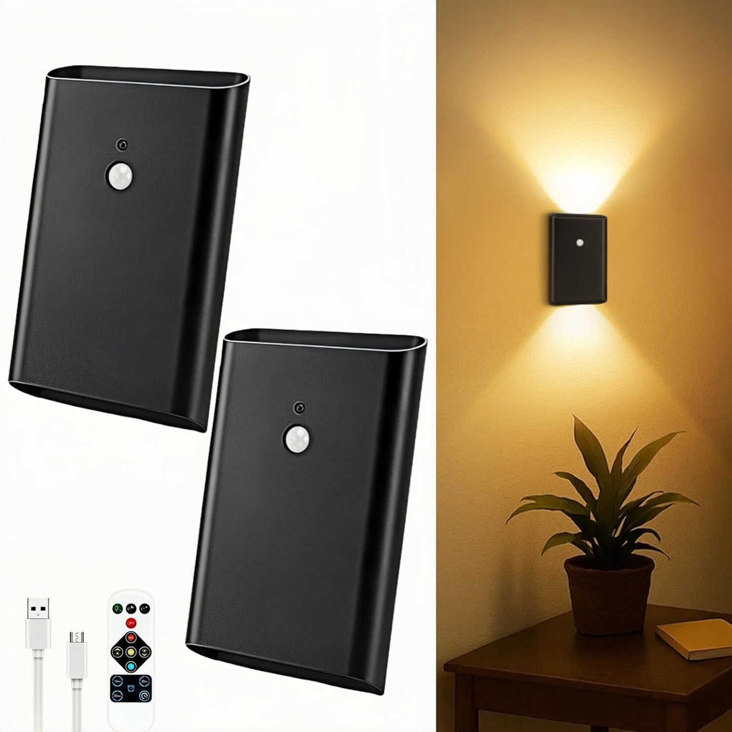 Battery-Operated Motion Sensor Wall Light: 5000mAh Rechargeable Wall Sconce Set of 2 Motion
