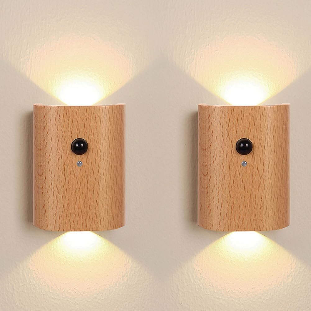 LANDGOO Wooden LED Step Lights Wall Lamp, 2700-3000K Motion Sensor Night Lights, Rechargeable Stair