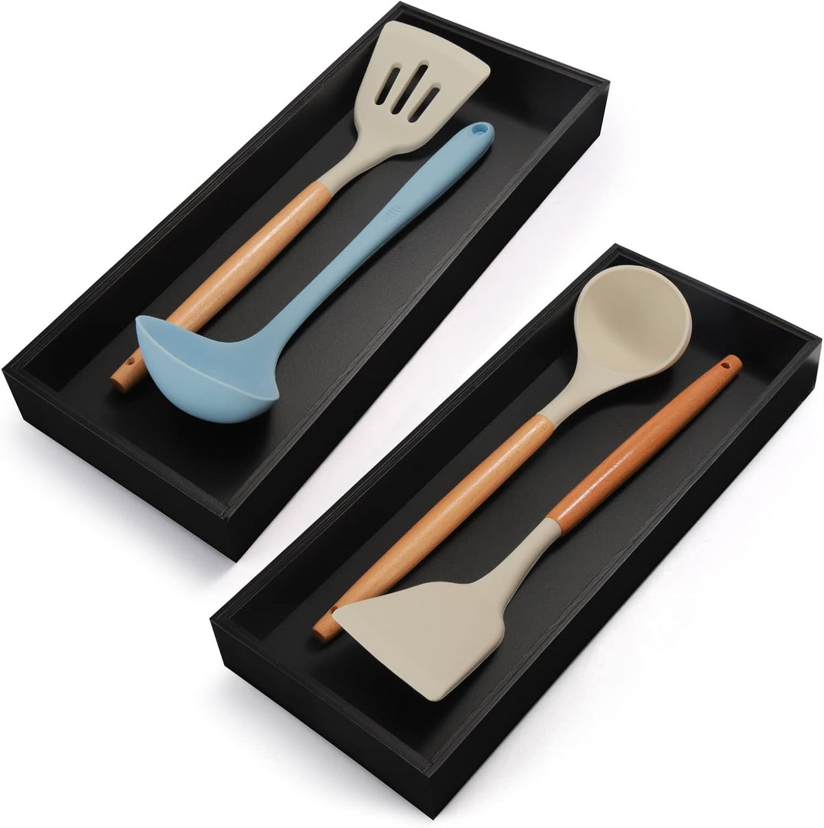 Bamboo Kitchen Drawer Organizer - Set of 2, Stackable Utensil Organizers, Wooden Storage Box Tray